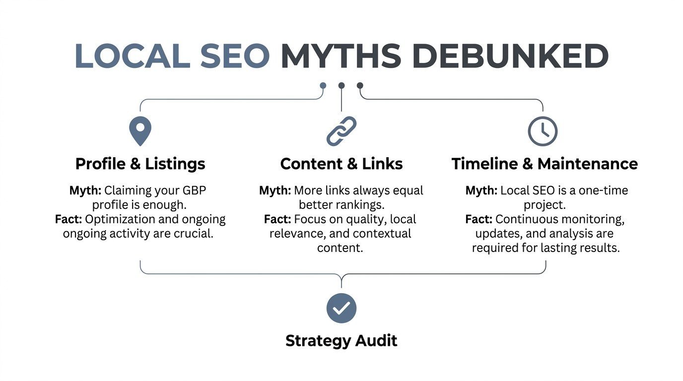 Infographic titled LOCAL SEO MYTHS DEBUNKED contrasting common myths and facts across three pillars: Profile & Listings (Myth: Claiming your GBP profile is enough; Fact: Optimization and ongoing activity are crucial), Content & Links (Myth: More links always equal better rankings; Fact: Focus on quality, local relevance, and contextual content), and Timeline & Maintenance (Myth: Local SEO is a one-time project; Fact: Continuous monitoring, updates, and analysis are required for lasting results), all leading down into a Strategy Audit.