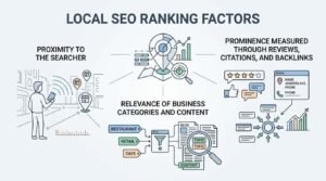 Infographic titled LOCAL SEO RANKING FACTORS illustrating proximity to the searcher, relevance of business categories and content, and prominence measured through reviews, citations, and backlinks around a central street map diagnostic pin hub.