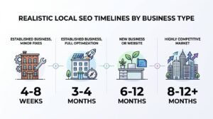 Infographic titled REALISTIC LOCAL SEO TIMELINES BY BUSINESS TYPE illustrating four business scenarios and their expected ranking timeframes: Established Business, Minor Fixes (4-8 Weeks), Established Business, Full Optimization (3-4 Months), New Business or Website (6-12 Months), and Highly Competitive Market (8-12+ Months).