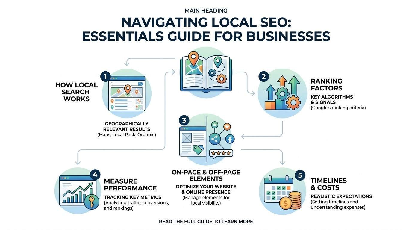 Infographic titled MAIN HEADING NAVIGATING LOCAL SEO: ESSENTIALS GUIDE FOR BUSINESSES illustrating a 5-step roadmap: 1. How Local Search Works (Geographically relevant results across Maps, Local Pack, Organic), 2. Ranking Factors (Key algorithms & signals based on Google's ranking criteria), 3. On-Page & Off-Page Elements (Optimize your website & online presence), 4. Measure Performance (Tracking key metrics: traffic, conversions, and rankings), and 5. Timelines & Costs (Realistic expectations: setting timelines and understanding expenses), anchored around a central local map handbook guide.