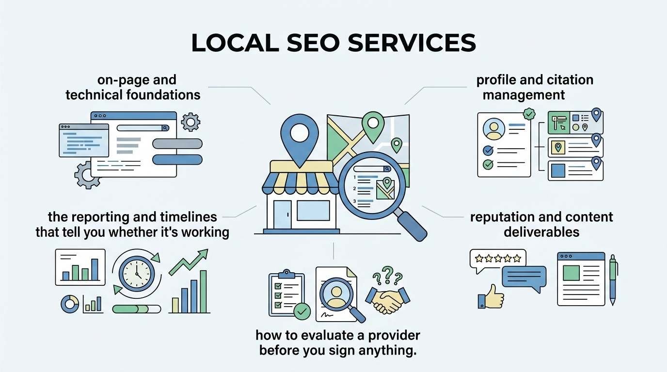 Infographic titled LOCAL SEO SERVICES illustrating five key fulfillment pillars: on-page and technical foundations, profile and citation management, reporting and timelines, reputation and content deliverables, and how to evaluate a provider around a central local storefront map hub.