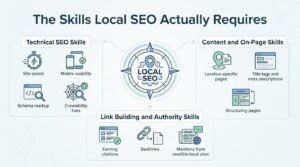 Infographic titled The Skills Local SEO Actually Requires categorizing core competencies into Technical SEO Skills, Content and On-Page Skills, and Link Building and Authority Skills centered around a compass emblem labeled LOCAL SEO.