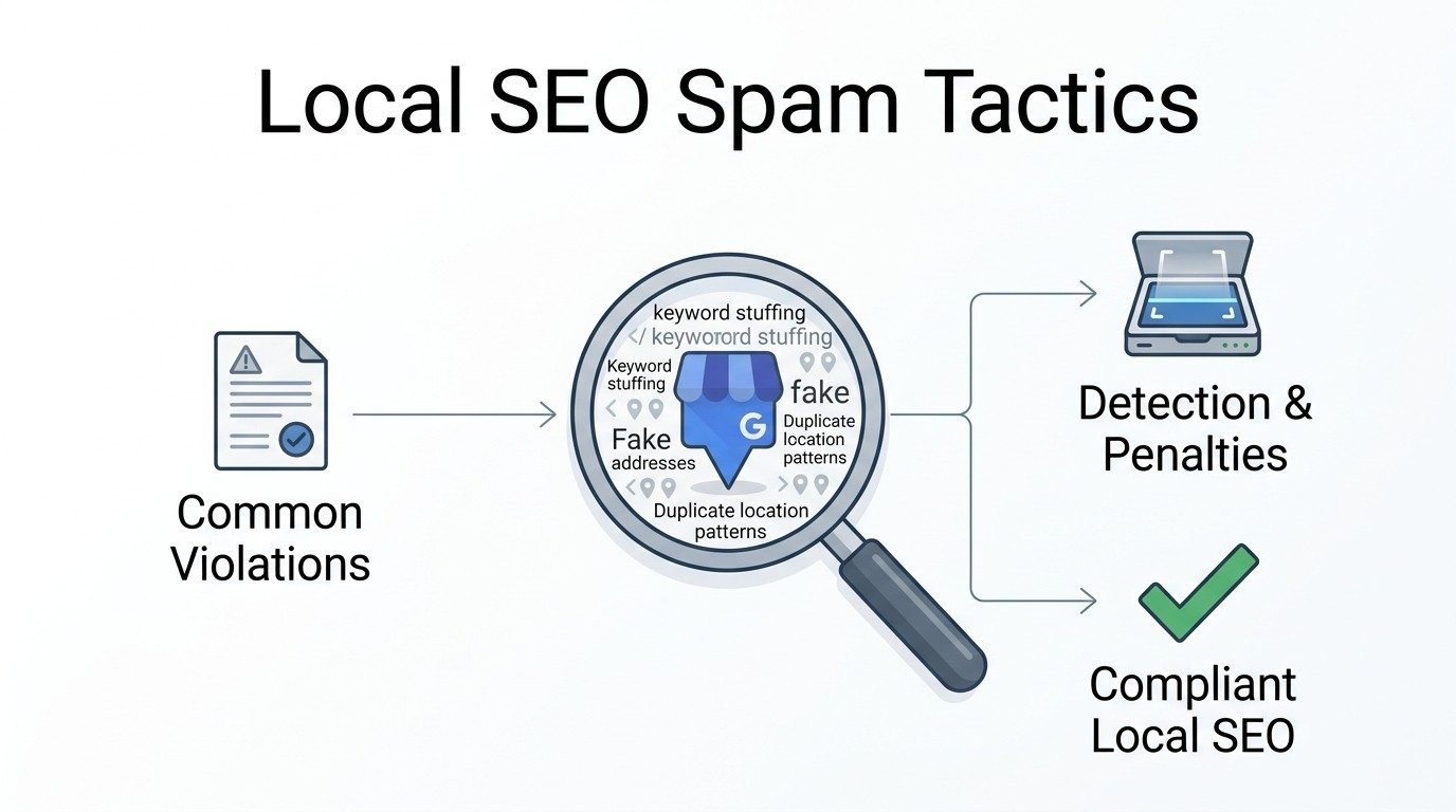 Infographic titled Local SEO Spam Tactics showing Common Violations audited through a central magnifying glass inspecting a Google Business listing filled with keyword stuffing, fake addresses, and duplicate location patterns, which branches into two outcomes: Detection & Penalties represented by an open laptop scanner or Compliant Local SEO represented by a green checkmark.