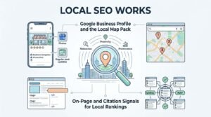 Infographic titled LOCAL SEO WORKS illustrating Google Business Profile and the Local Map Pack ranking signals—Relevance, Proximity, and Prominence—alongside on-page optimization and directory citation signals surrounding a central urban map magnifying glass audit hub.