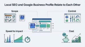Infographic titled Local SEO and Google Business Profile Relate to Each Other detailing Scope, Control, Speed to impact, and Cost around a central interface diagram showing a storefront profile integrating into an optimized web presence.