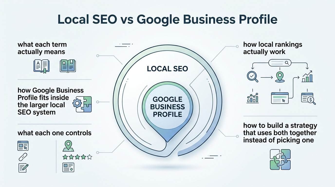 Infographic titled Local SEO vs Google Business Profile illustrating what each term means, how Google Business Profile fits inside the larger local SEO system, what each one controls, how local rankings work, and how to build a unified strategy around a central nested sphere diagram.