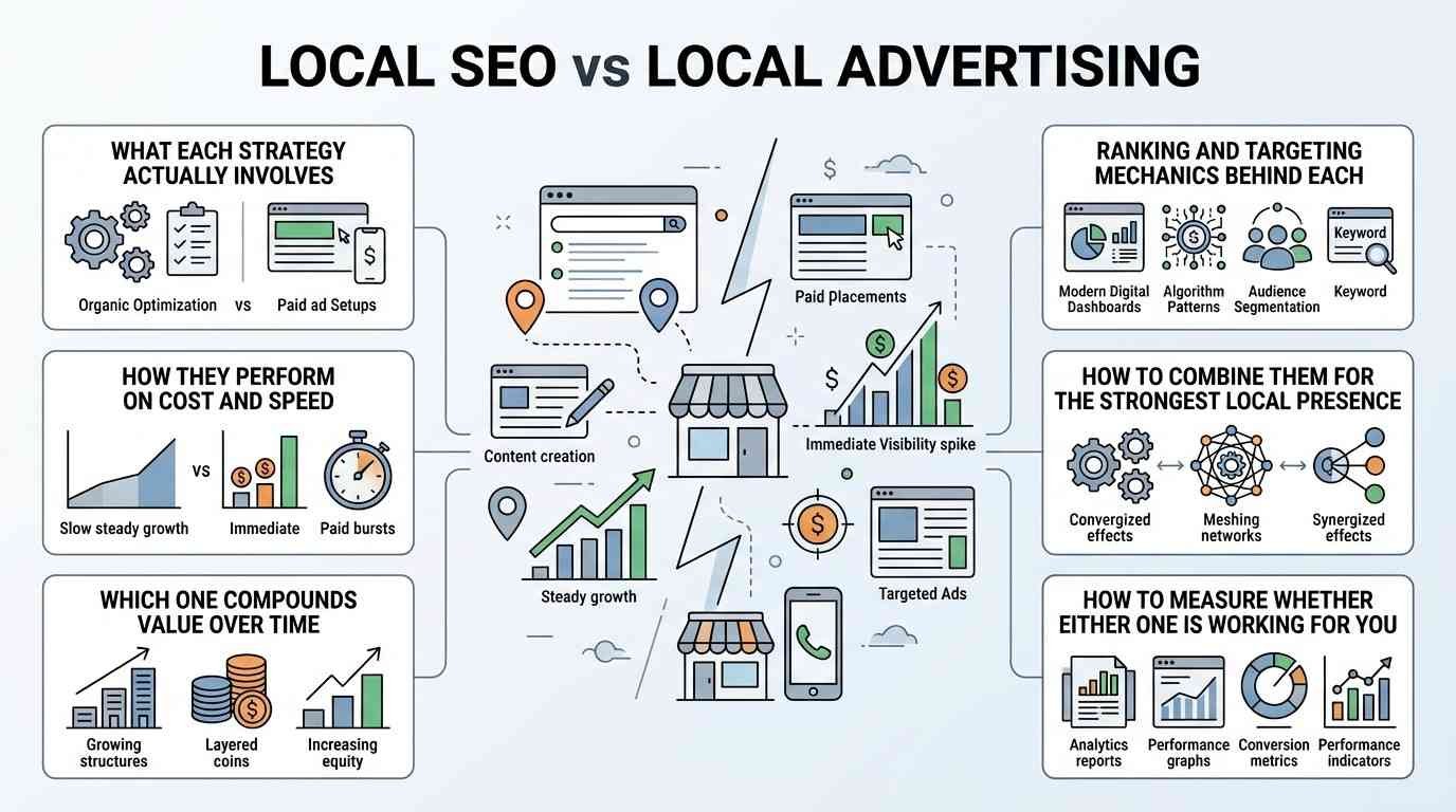 Infographic titled LOCAL SEO vs LOCAL ADVERTISING comparing strategy scope, cost and speed performance, long-term equity compounding, ranking and targeting mechanics, omni-channel combination models, and performance tracking around a central storefront split between organic growth and paid ad bursts.