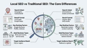 Infographic titled Local SEO vs Traditional SEO: The Core Differences comparing search intent, result format, key ranking factors, ideal business types, and target audience reach around a central split globe and local street map examined by a magnifying glass.