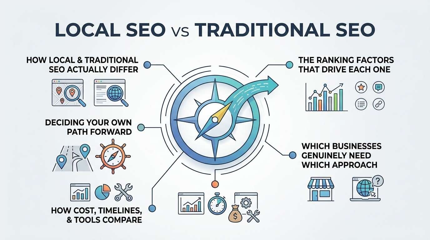 Infographic titled LOCAL SEO vs TRADITIONAL SEO comparing fundamental differences, ranking factors, business suitability, costs, timelines, and decision paths around a central directional navigation compass.