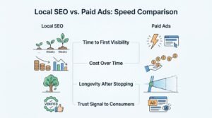 Infographic titled Local SEO vs. Paid Ads: Speed Comparison contrasting Local SEO and Paid Ads across four performance criteria: Time to First Visibility, Cost Over Time, Longevity After Stopping, and Trust Signal to Consumers.