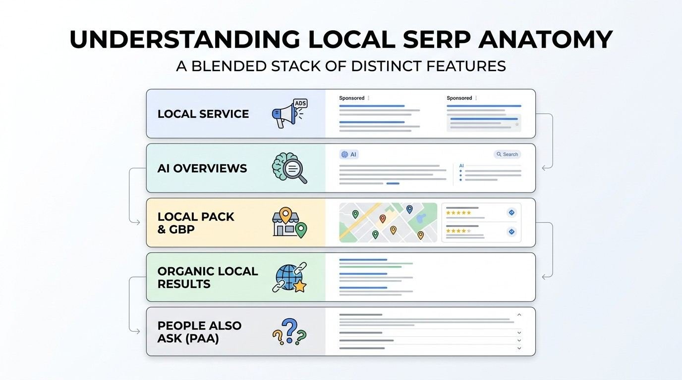 Infographic titled UNDERSTANDING LOCAL SERP ANATOMY: A BLENDED STACK OF DISTINCT FEATURES detailing the vertical layout of a local search engine results page: Local Service ads at the top, followed by AI Overviews, Local Pack & GBP, Organic Local Results, and People Also Ask (PAA) at the bottom.