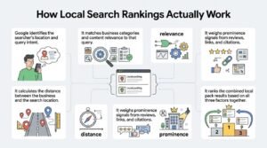 Infographic titled How Local Search Rankings Actually Work mapping Google's calculation of searcher location, query intent, distance, relevance matching, and prominence signals to rank local pack results around a central SERP layout.