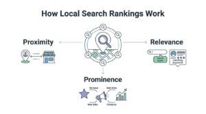 Infographic titled How Local Search Rankings Work breaking down the three core algorithmic ranking pillars: Proximity, Relevance, and Prominence around a central local map hub inspected by a magnifying glass.