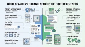 Infographic titled LOCAL SEARCH VS ORGANIC SEARCH: THE CORE DIFFERENCES contrasting the two search ecosystems across ranking factors, result placement, intent type, review influence, content depth need, and geographic scope divided across a central blue and green globe split by Google Business Profile and Domain cards.
