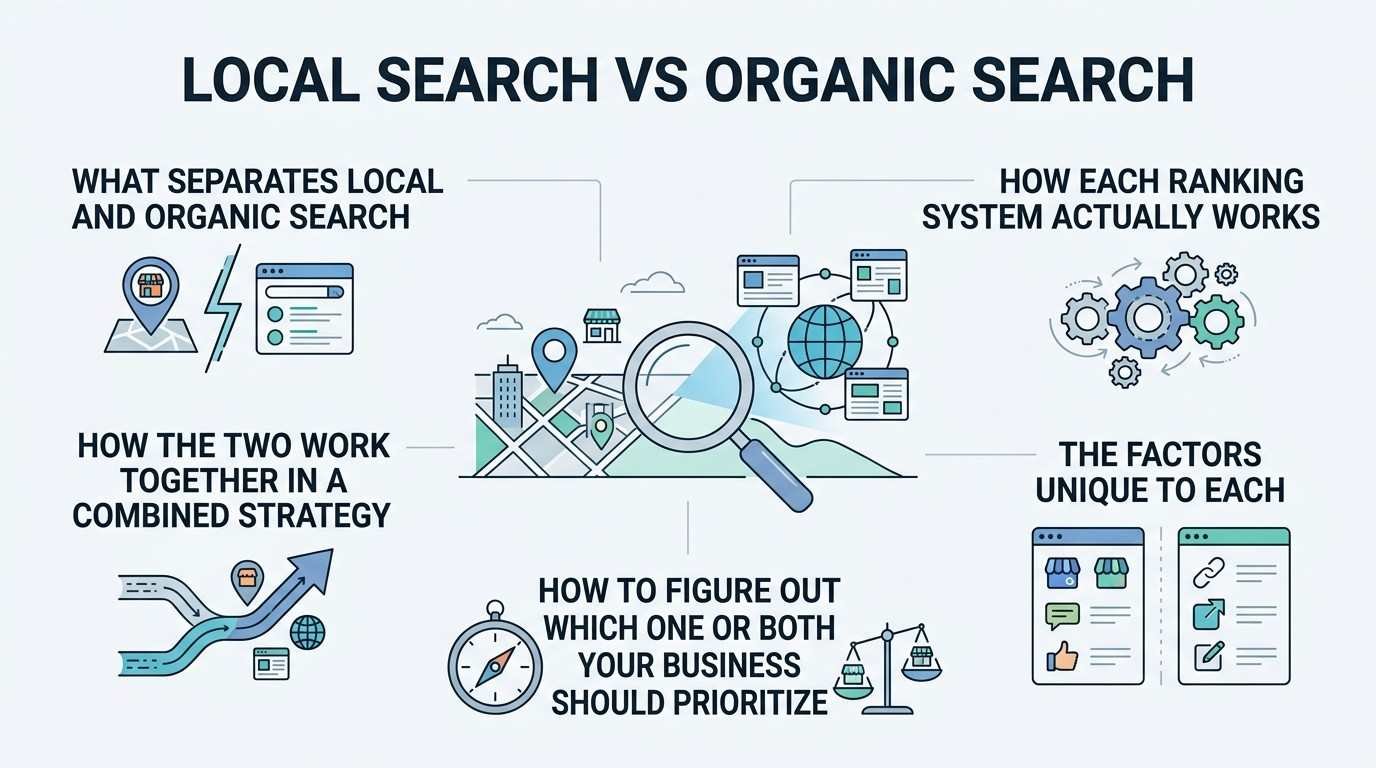 Infographic titled LOCAL SEARCH VS ORGANIC SEARCH illustrating five strategic modules: What Separates Local and Organic Search, How Each Ranking System Actually Works, How the Two Work Together in a Combined Strategy, How to Figure Out Which One or Both Your Business Should Prioritize, and The Factors Unique to Each around a central city map and global web network hub.
