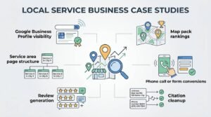 Infographic titled LOCAL SERVICE BUSINESS CASE STUDIES detailing six core local fulfillment pillars: Google Business Profile visibility, Map pack rankings, Service area page structure, Phone call or form conversions, Review generation, and Citation cleanup around a central storefront map audit hub.