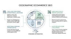 Geographic ecommerce SEO infographic illustrating local SEO strategies for physical storefronts on the left and international multi-region hreflang catalog optimization on the right, connected around a central globe.