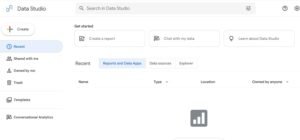 Google Looker Studio DashboardPrimary Alt Text:"Google Looker Studio home dashboard interface showing options to create reports, search assets, and manage data sources.