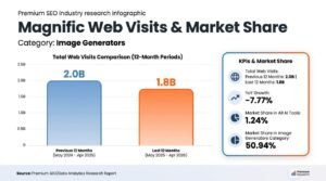 Bar chart titled Magnific Web Visits & Market Share comparing May 2024–Apr 2025 to May 2025–Apr 2026, showing traffic declining from 2.0 billion to 1.8 billion visits with a 7.77% year-over-year decrease.