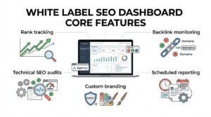 Infographic titled White Label SEO Dashboard Core Features highlighting rank tracking, backlink monitoring, scheduled reporting, custom branding, and technical SEO audits.
