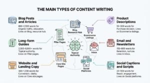 The main types of content writing infographic illustrating six distinct formats orbiting a central topical authority brain icon, detailing target word counts, strategic objectives, and publishing locations from blog posts to social captions.