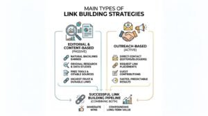 Infographic titled MAIN TYPES OF LINK BUILDING STRATEGIES comparing Editorial & Content-Based (Passive) link building with Outreach-Based (Active) link building, showing how combining both into a Successful Link Building Pipeline produces immediate wins and compounding long-term value.