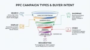 PPC campaign types and buyer intent infographic showing a 5-tier advertising funnel mapping Search, Display, Shopping, Video, and Remarketing campaigns to specific intent stages and ad placements.
