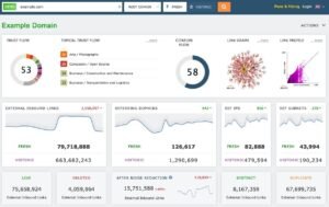 Majestic Site Explorer overview dashboard for an example domain displaying Trust Flow of 53, Citation Flow of 58, Topical Trust Flow categories, Link Graph, and Fresh vs. Historic backlink metrics.