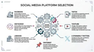 Social Media Platform Selection infographic breaking down target demographics, ideal content formats, and top use cases across Facebook, Instagram, LinkedIn, Pinterest, X, YouTube, and TikTok around a central strategic optimization cog.
