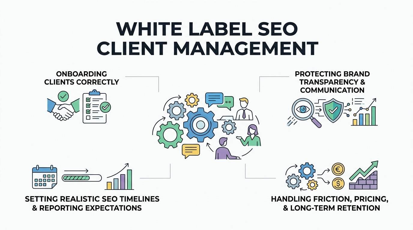 Infographic titled White Label SEO Client Management outlining correct client onboarding, brand protection, realistic timelines, and retention strategies.