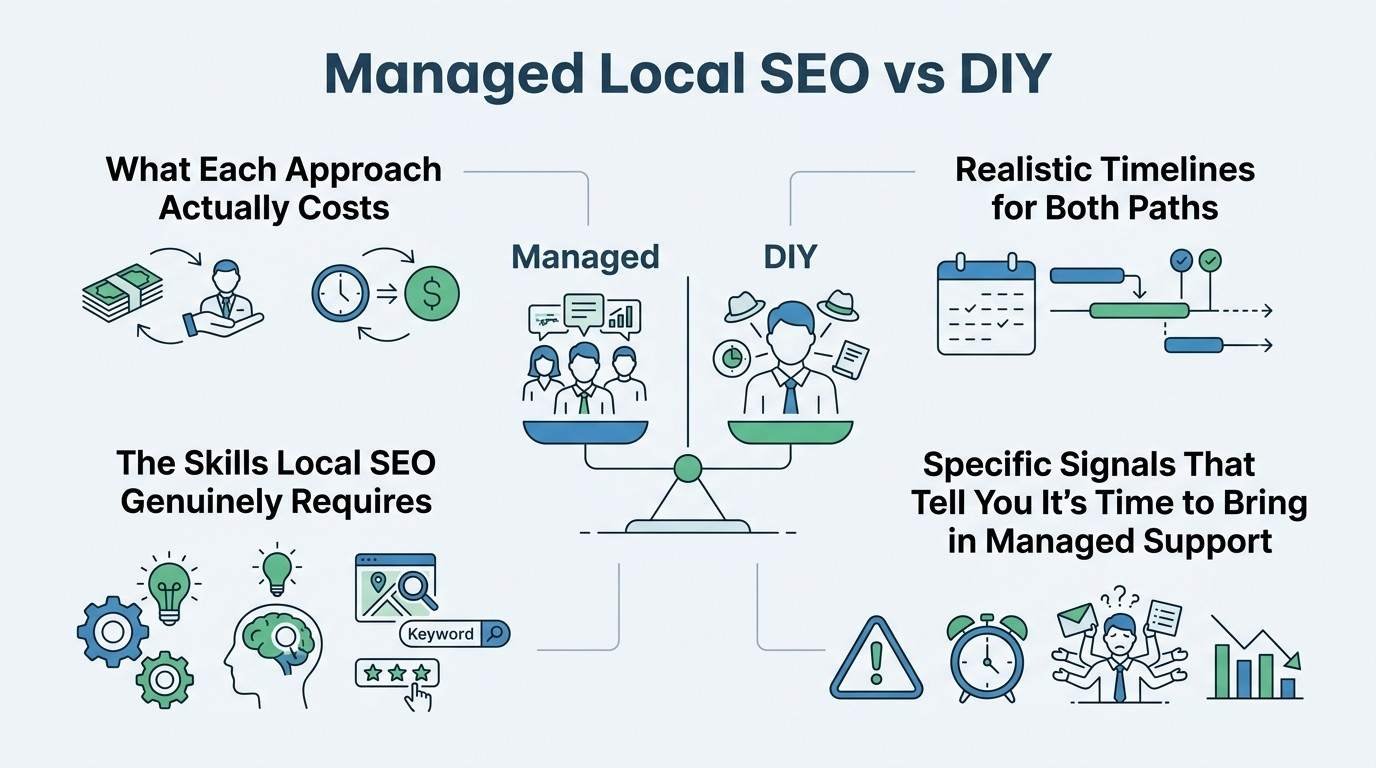 Infographic titled Managed Local SEO vs DIY comparing direct agency costs, realistic timelines, required local SEO skills, and trigger signals to hire agency support around a central balance scale weighing an agency team against an overwhelmed solo business owner.