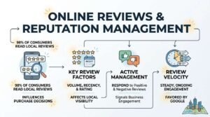 Infographic titled ONLINE REVIEWS & REPUTATION MANAGEMENT showing four sequential pillars: consumer trust where 98% of consumers read local reviews influencing purchase decisions, Key Review Factors (volume, recency, & rating affecting local visibility), Active Management (responding to positive & negative reviews to signal business engagement), and Review Velocity (steady, ongoing engagement favored by Google) connected to local urban visibility.