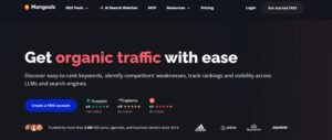Mangools homepage hero section on a dark background displaying the headline 'Get organic traffic with ease' with CTA buttons, review ratings from Trustpilot, Capterra, and G2, and enterprise client logos.