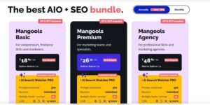 Mangools pricing comparison table titled 'The best AIO + SEO bundle' detailing Basic, Premium, and Agency subscription tiers with annual billing discounts and included AI Search Watcher PRO features.