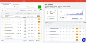 KWFinder by Mangools keyword research dashboard analyzing the query 'seo agency,' displaying monthly search volume, keyword difficulty score, related search variants, and a live SERP overview table.