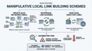 Infographic titled MAIN HEADING MANIPULATIVE LOCAL LINK BUILDING SCHEMES illustrating three scheme types: Private Blog Networks (PBNs) using expired domains and thin content with footprints like shared hosting, Reciprocal Link Schemes where businesses agree to link to each other, and Paid Local Directory Links without editorial review, all leading down to Asymmetric Risk showing a modest ranking bump upside versus severe downside manual action and domain suppression, contrasted with Legitimate Local Directories providing real utility.