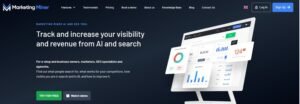 Marketing Miner homepage hero section titled 'Track and increase your visibility and revenue from AI and search' featuring product UI mockups on a desktop monitor and buttons to Try for Free and Watch demo.