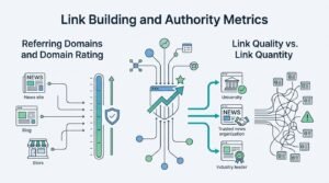 Infographic titled Link Building and Authority Metrics evaluating referring domains and domain rating scale alongside link quality versus link quantity comparisons around a central authority shield hub.