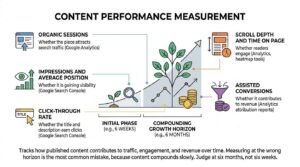 Content performance measurement infographic illustrating an upward growth curve comparing an initial 6-week phase to a 6-month compounding growth horizon, tracking early visibility signals against mature revenue metrics.
