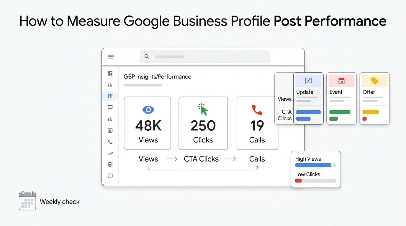 Infographic showing how to measure Google Business Profile post performance using views, CTA clicks, and calls, with weekly performance checks and post-type comparisons.