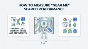 Infographic titled HOW TO MEASURE 'NEAR ME' SEARCH PERFORMANCE featuring a central unfolded map inspected by a magnifying glass, flanked by Tracking Local Visibility in GSC and GBP Insights on the left, and conversion action tracking for calls, directions, and website visits on the right.