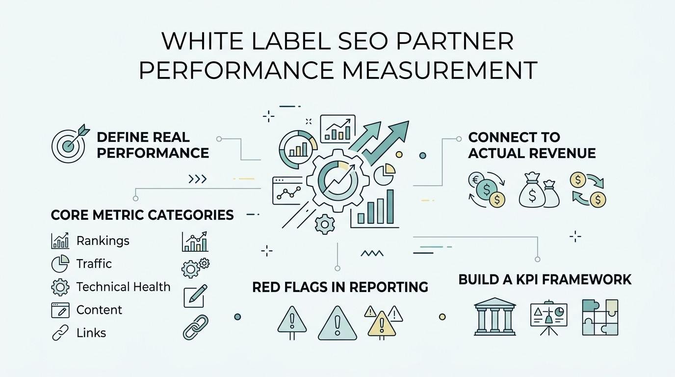 Infographic titled White Label SEO Partner Performance Measurement outlining performance definition, core metric categories, red flags in reporting, revenue alignment, and KPI frameworks.