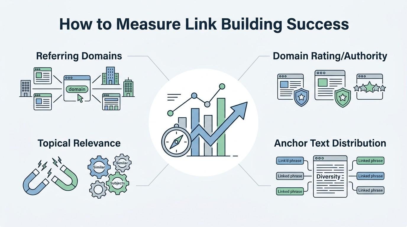 Infographic showing how to measure link building success using referring domains, domain rating or authority, topical relevance, and anchor text distribution.