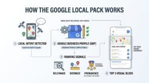 Infographic titled HOW THE GOOGLE LOCAL PACK WORKS illustrating a 4-step local ranking pipeline: 1 LOCAL INTENT DETECTED through Explicit & Implicit Signals, 2 GOOGLE BUSINESS PROFILE (GBP) as the Single Most Influential Data Source Ensuring Profile Completeness, 3 RANKING SIGNALS evaluated across Relevance, Distance, and Prominence, and 4 TOP 3 VISUAL BLOCK displaying the Local Pack Display with the top three ranked businesses on a smartphone.