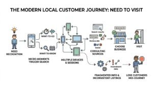Infographic titled THE MODERN LOCAL CUSTOMER JOURNEY: NEED TO VISIT showing a 6-stage path from Need Recognition and Micro-Moments Trigger Search across Multiple Devices & Sessions into Consulting Sources, Choose Business, and Visit, contrasting with an alternate churn path of Fragmented Info & Inconsistent Listings causing Lose Customers Mid-Journey.