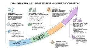 Infographic illustrating a 12-month SEO delivery arc, showing four quarterly phases from initial foundation fixes to content velocity, authority building, and scaling.