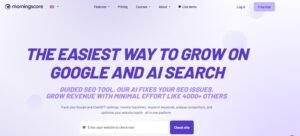 Morningscore homepage hero section titled 'The Easiest Way to Grow on Google and AI Search' featuring an AI-guided SEO tool headline, website URL audit input field, and Check site button.
