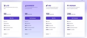 Morningscore pricing comparison table showing Lite at $69/mo, Business at $99/mo, Pro at $159/mo, and Premium at $299/mo, detailing user seats, websites, tracked keywords, prompt limits, and AI credits.