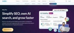 Moz Pro homepage hero banner reading 'Simplify SEO, own AI search, and grow faster' with a product feature preview titled AI Visibility and a Start my free trial button.