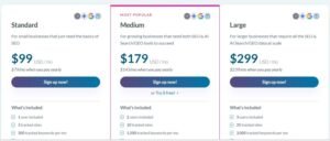 Moz Pro subscription pricing table comparing Standard at $99/mo, Medium at $179/mo, and Large at $299/mo, showing user seat allowances, tracked sites, and monthly tracked keyword capacities.